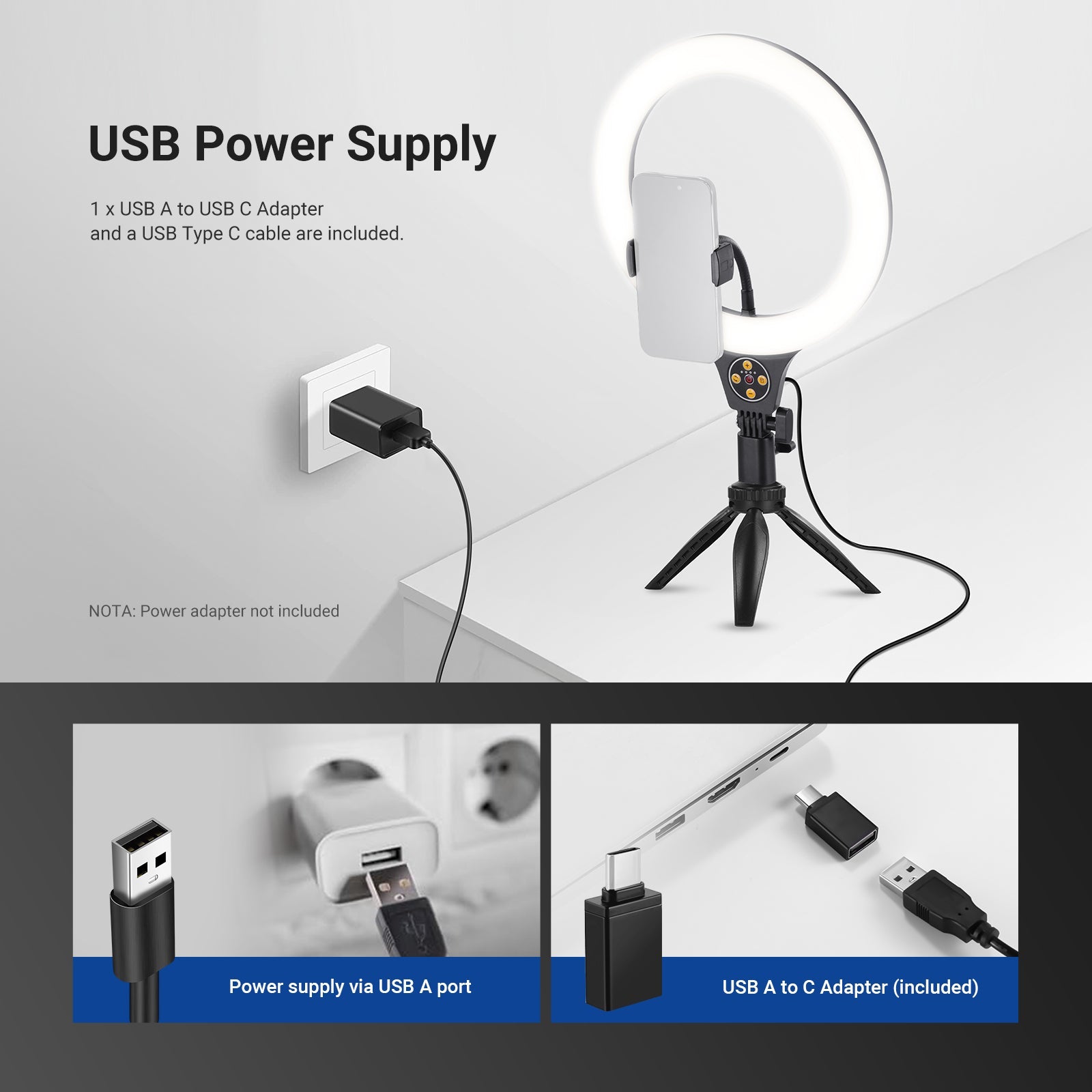 NEEWER N25 Desk Ring Light supports USB power supply.