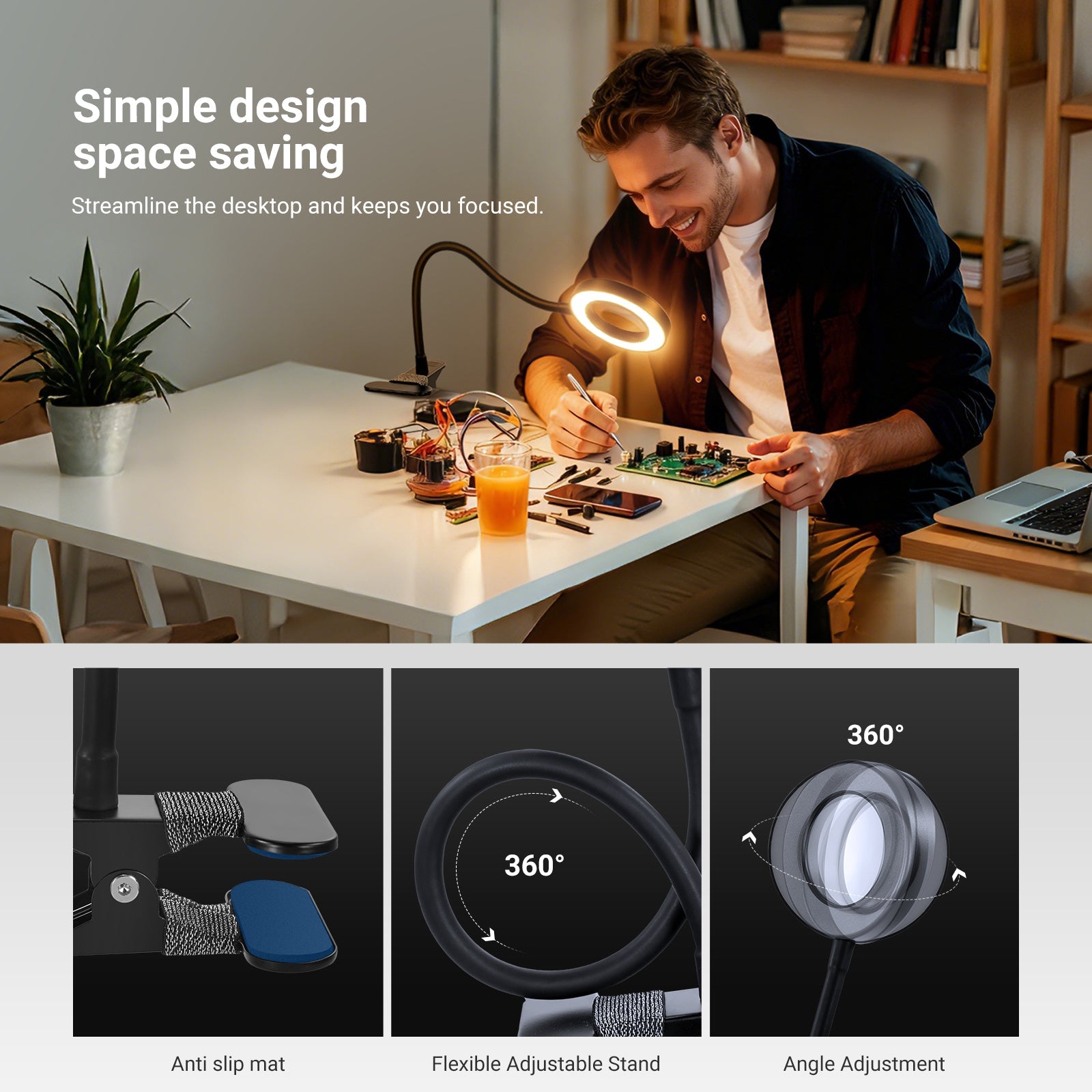 NEEWER N34 10X Magnifying Glass with Ring Light & Stand streamlines the desktop and keeps you focused.