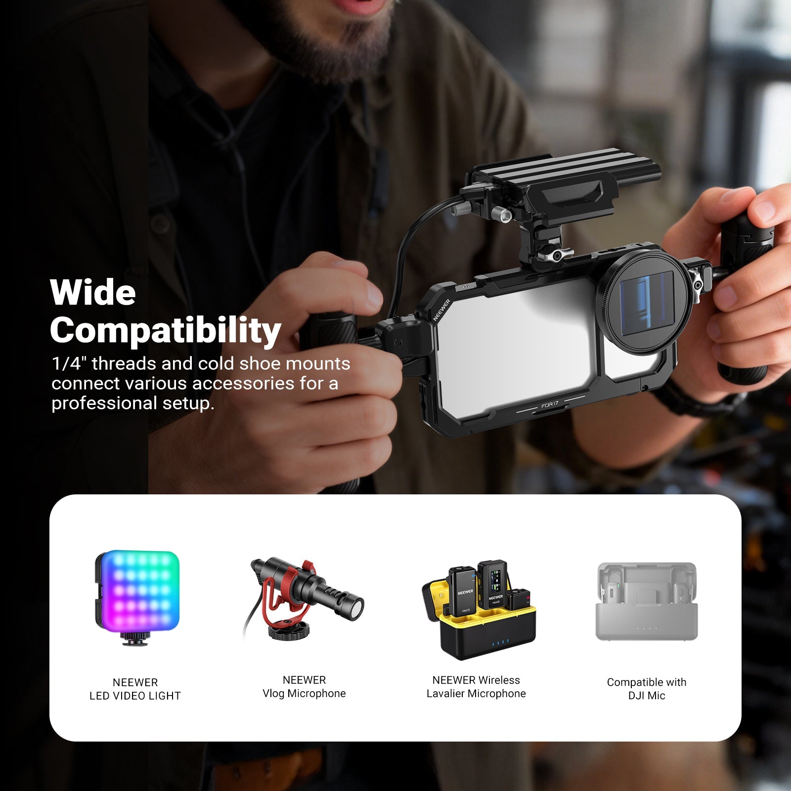 1/4" and Cold Shoes connect various accessories for a professional setup.