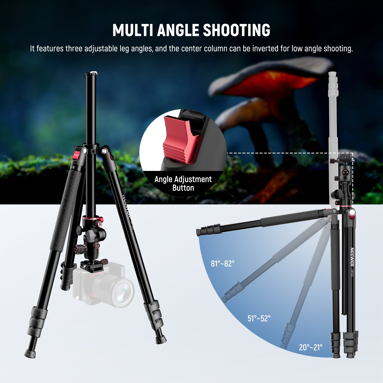 The center column of this tripod can be inverted for low angle shooting.