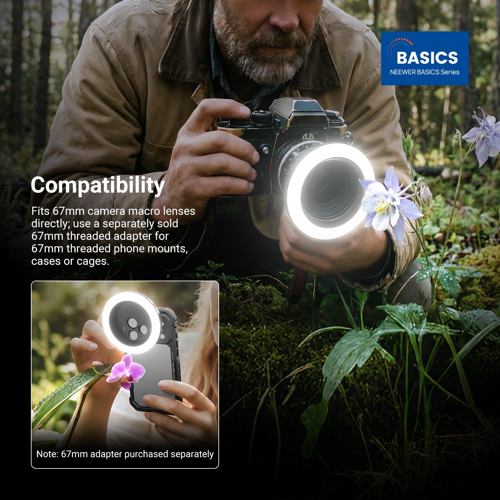 NEEWER M22 selfie ring light directly attaches to 67mm camera macro lenses and 67mm threaded phone mounts/cases/cages.