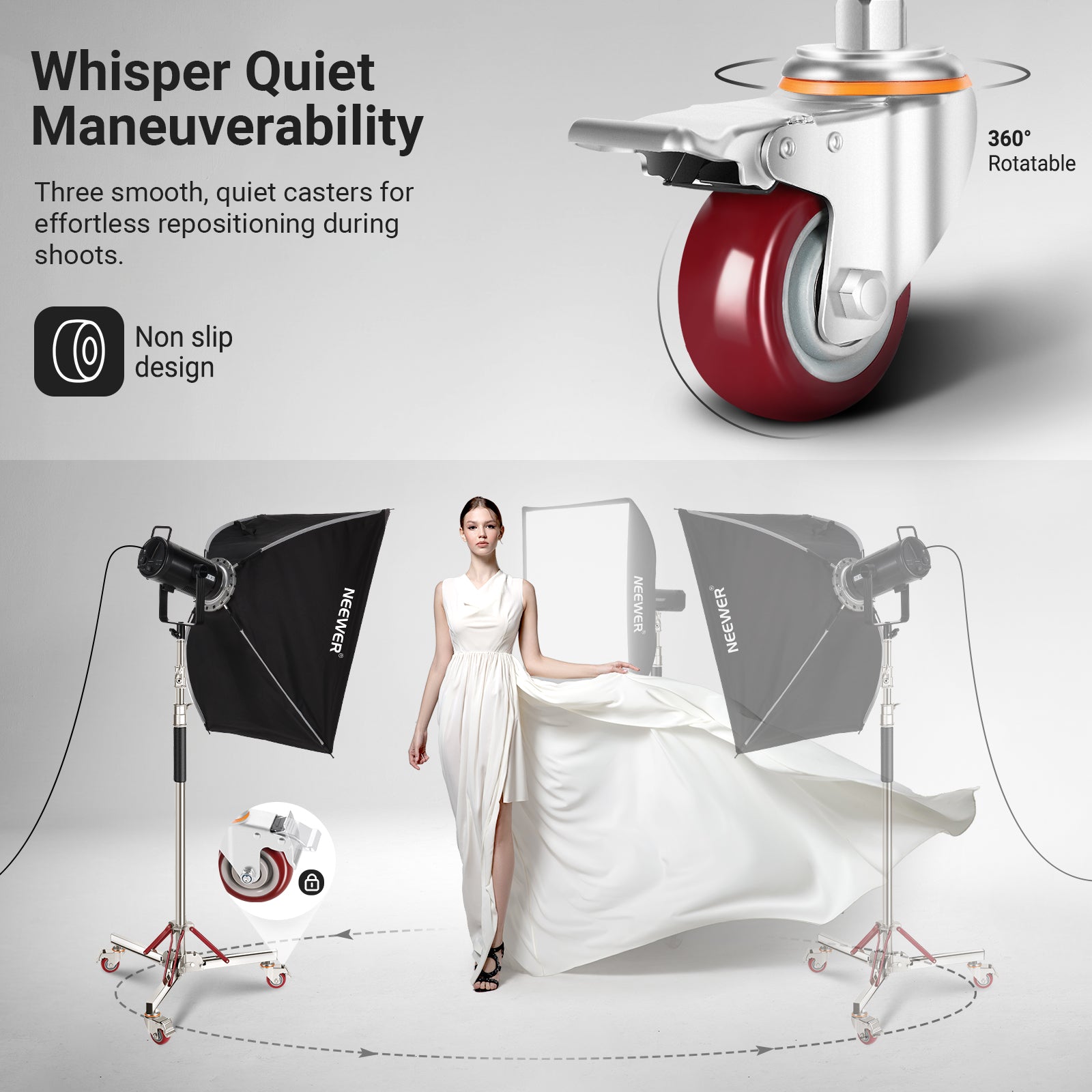 The rolling stand moves smoothly across flat floors, eliminating the need to lift or drag heavy equipment.