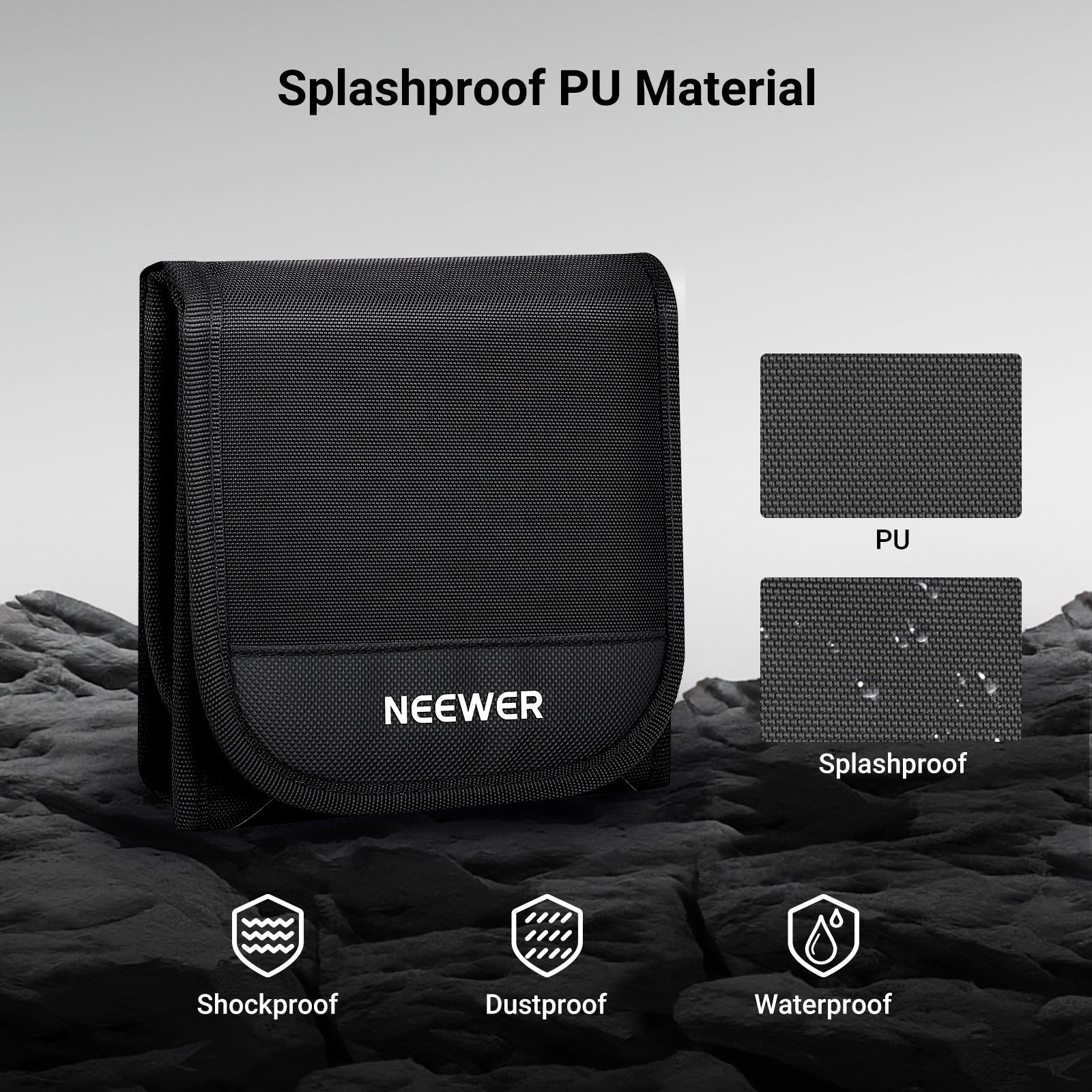 NEEWER PB15 Tri-fold Filter Case is made of splashproof PU fabric with touch fasteners to secure filters against outdoor elements.
