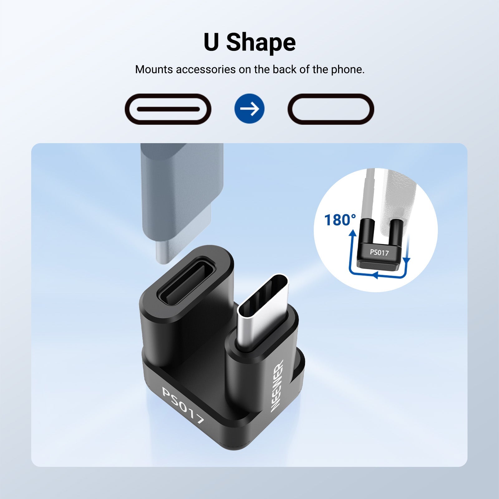 This USB Type C angle adapter (male to female) mounts accessories on the back of the phone in a 180° reversed direction