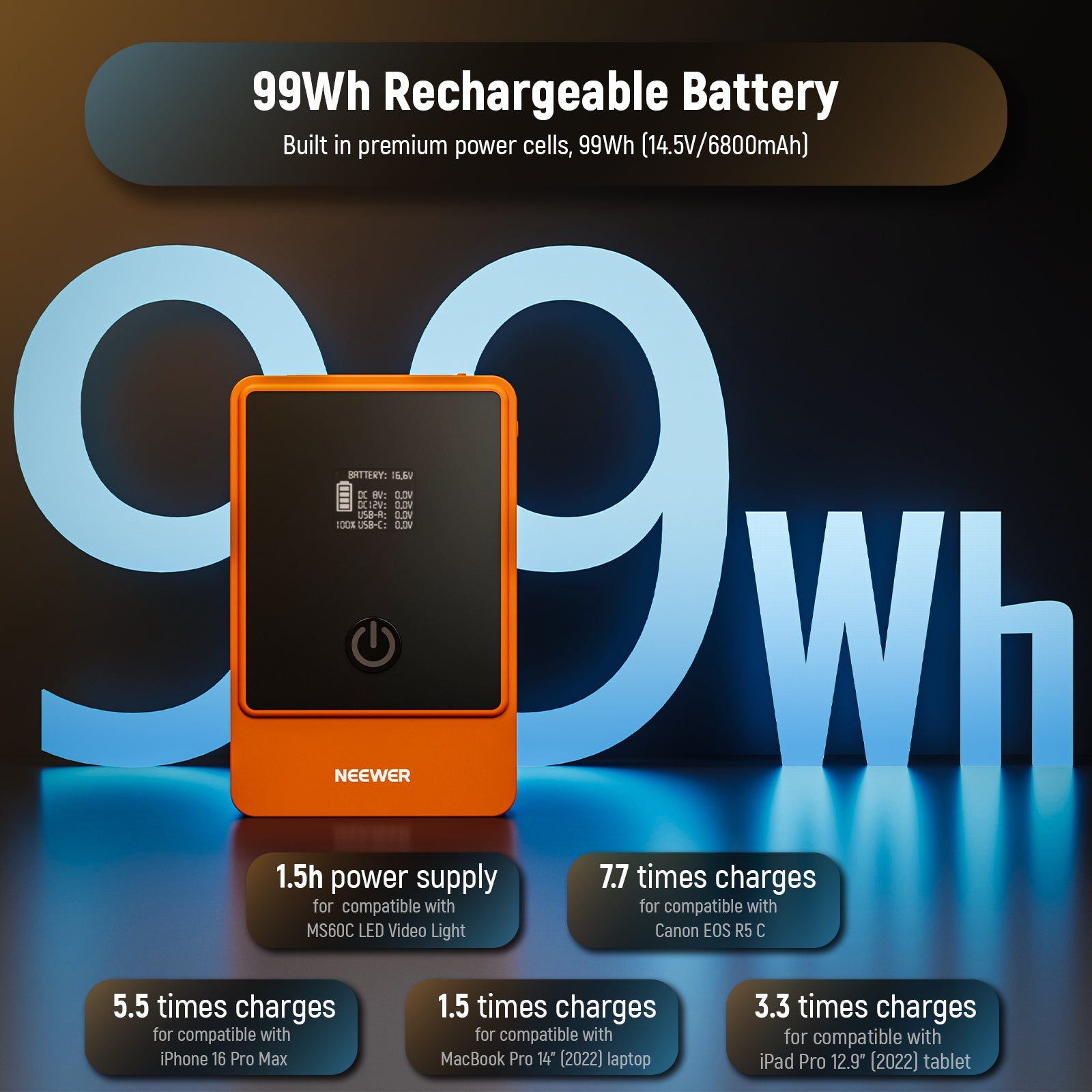 NEEWER ミニVマウントバッテリー PS099E 6800mAh 14.5V 99Wh (オレンジ