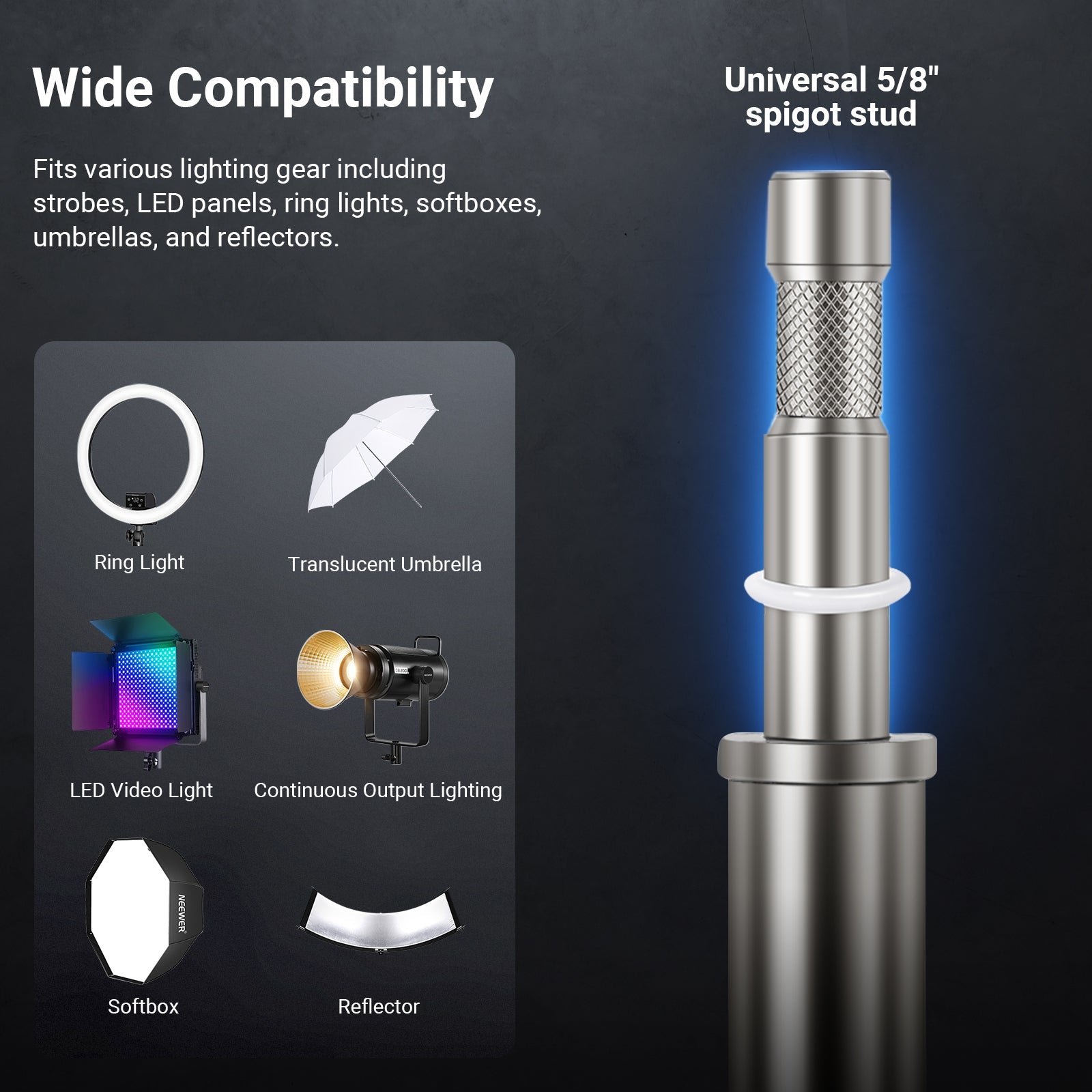 NEEWER SC305B Stainless Steel Rolling Light Stand fits various lighting gear, including strobes, LED panels, ring lights, softboxes, umbrellas, and reflectors.