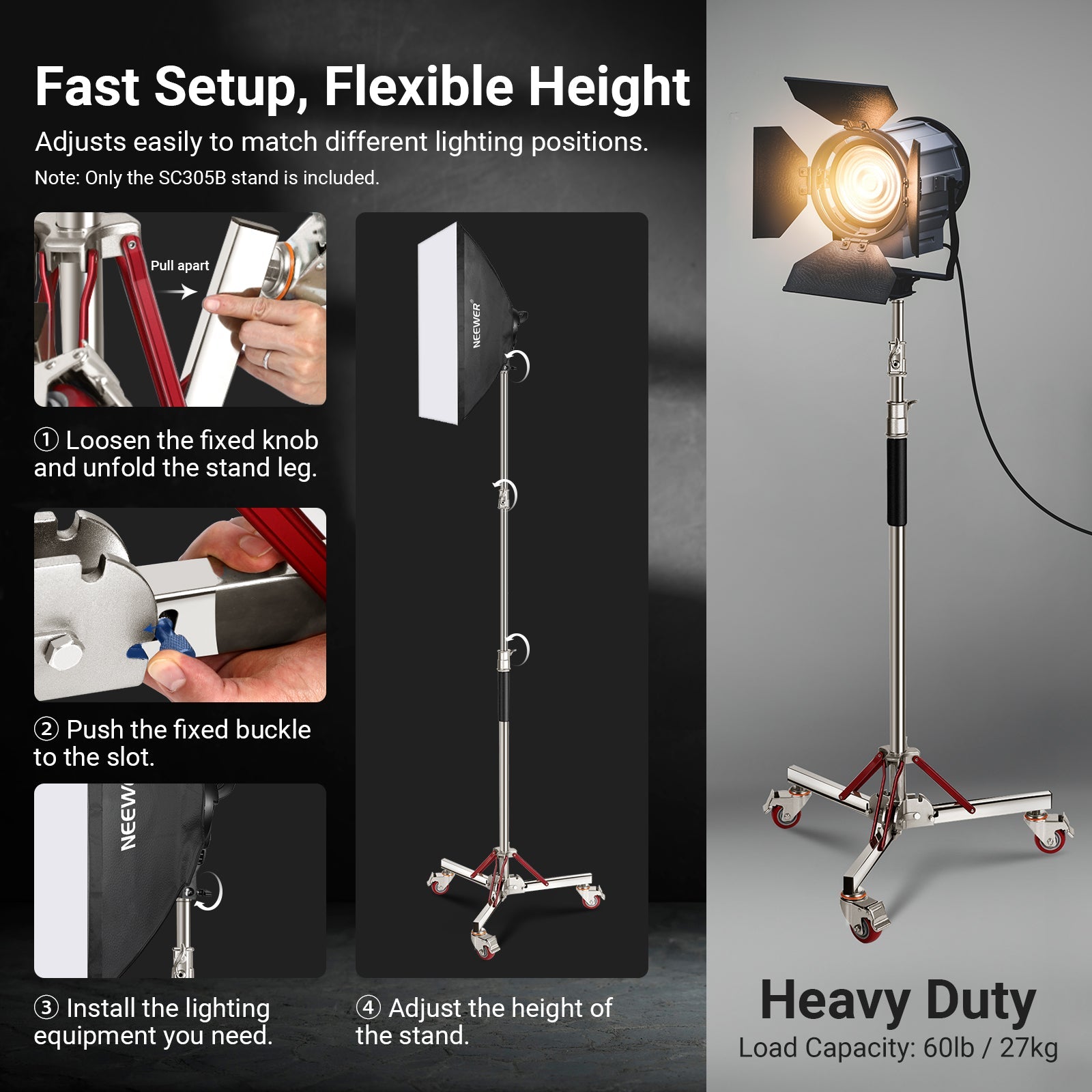 NEEWER SC305B Stainless Steel Rolling Light Stand adjusts easily to match different lighting positions.