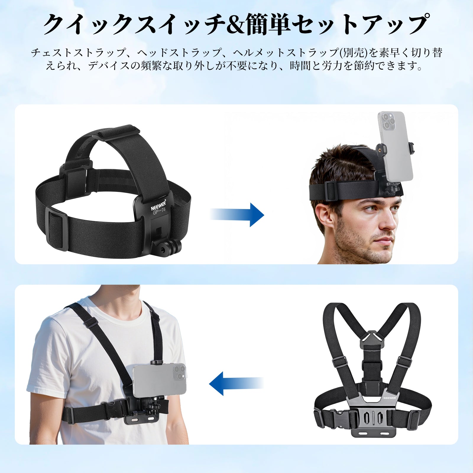 NEEWER GP-74 スマホチェストマウントハーネスヘッドストラップ