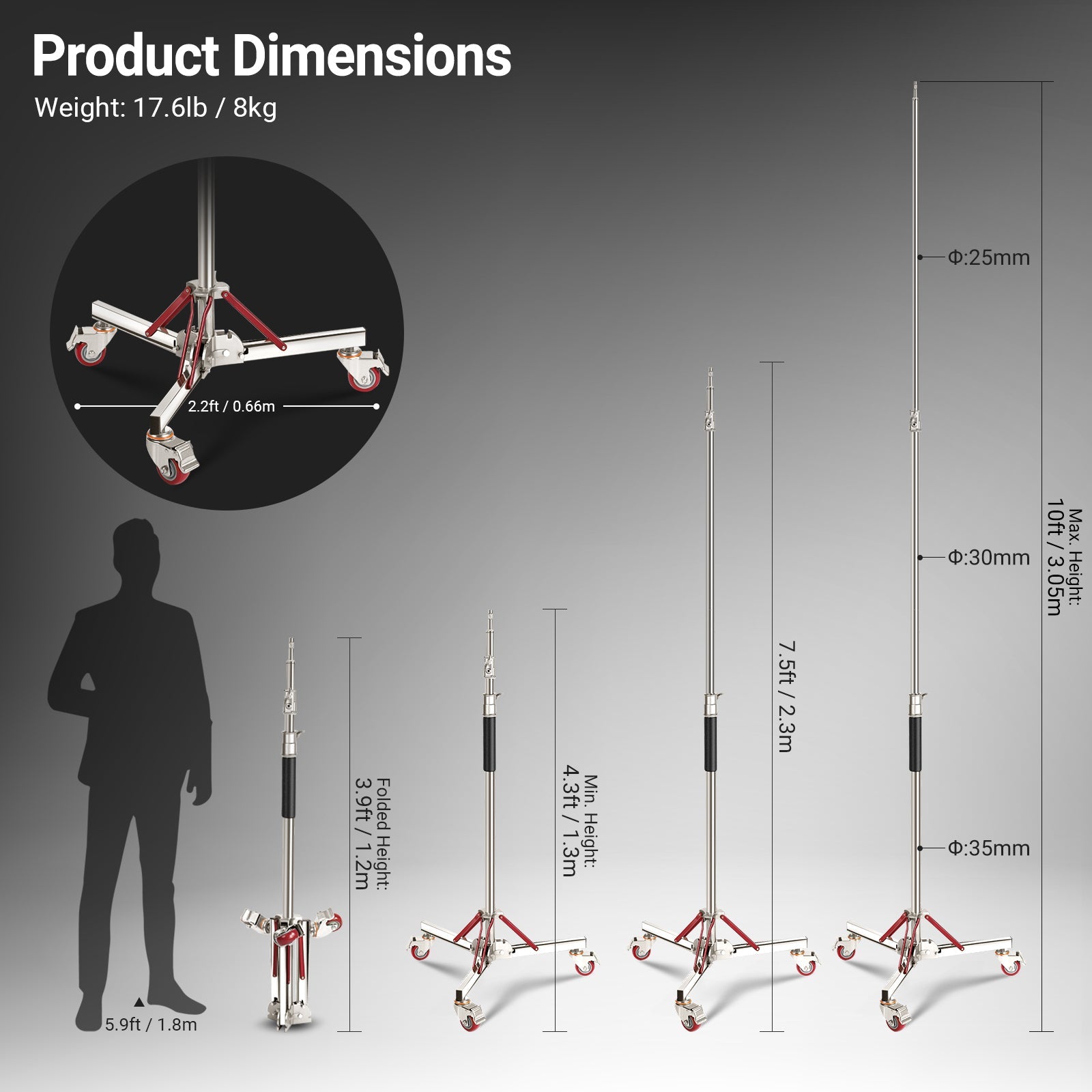 The telescopic tripod light stand adjusts from 4.3-10ft for flexible positioning.