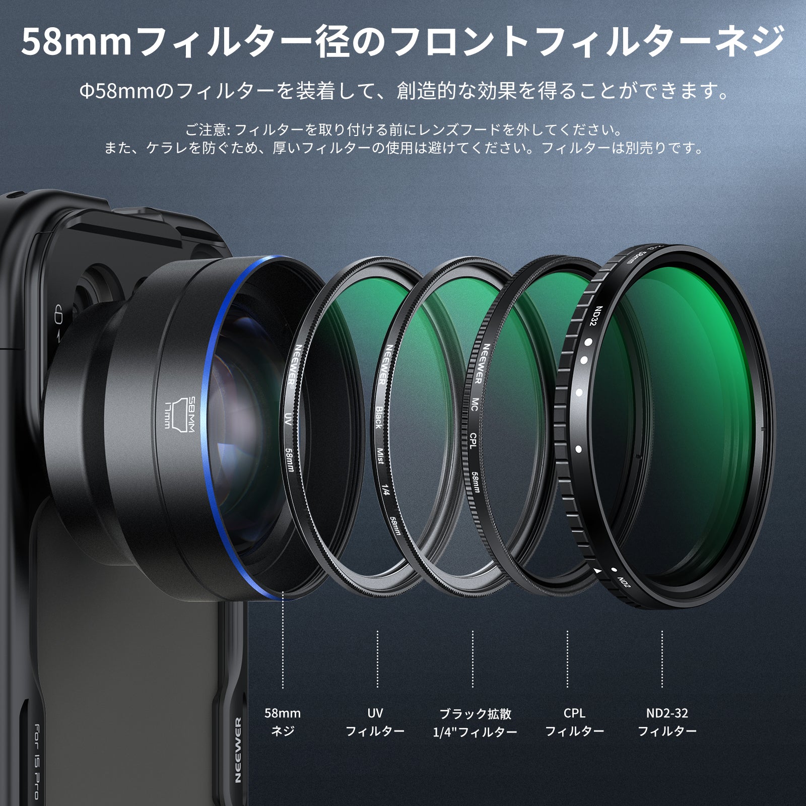 NEEWER LS-66 65mm HD スマホ望遠レンズ 17mmスレッドバックプレート