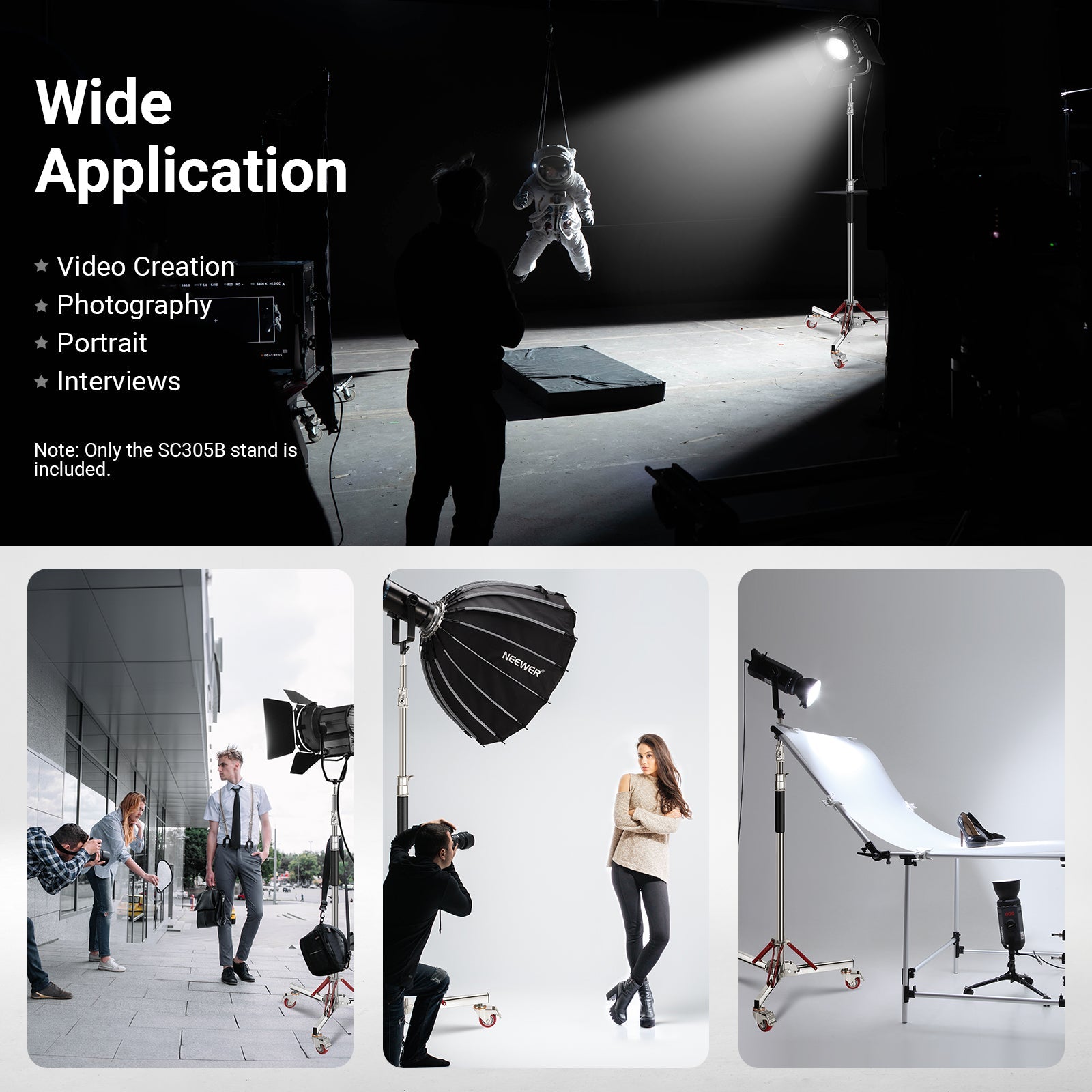 NEEWER SC305B Stainless Steel Rolling Light Stand is ideal for video creation, photography, portrat, and interviews.