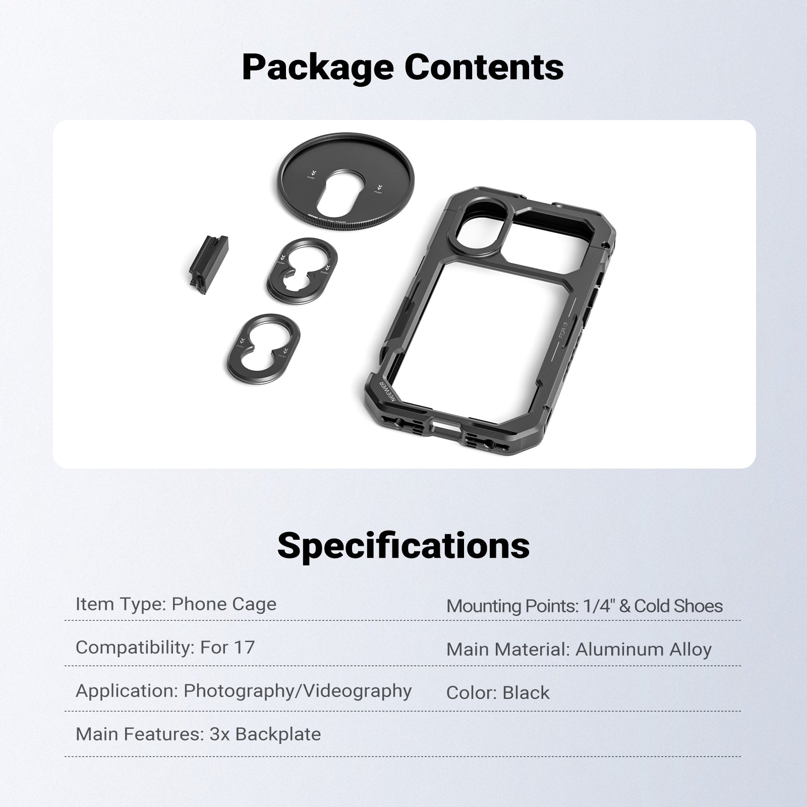 This package includes a NEEWER PA158 Phone Cage, a 67mm Filter Adapter, a T Mount Lens Backplate, and a 17mm Lens Backplate.