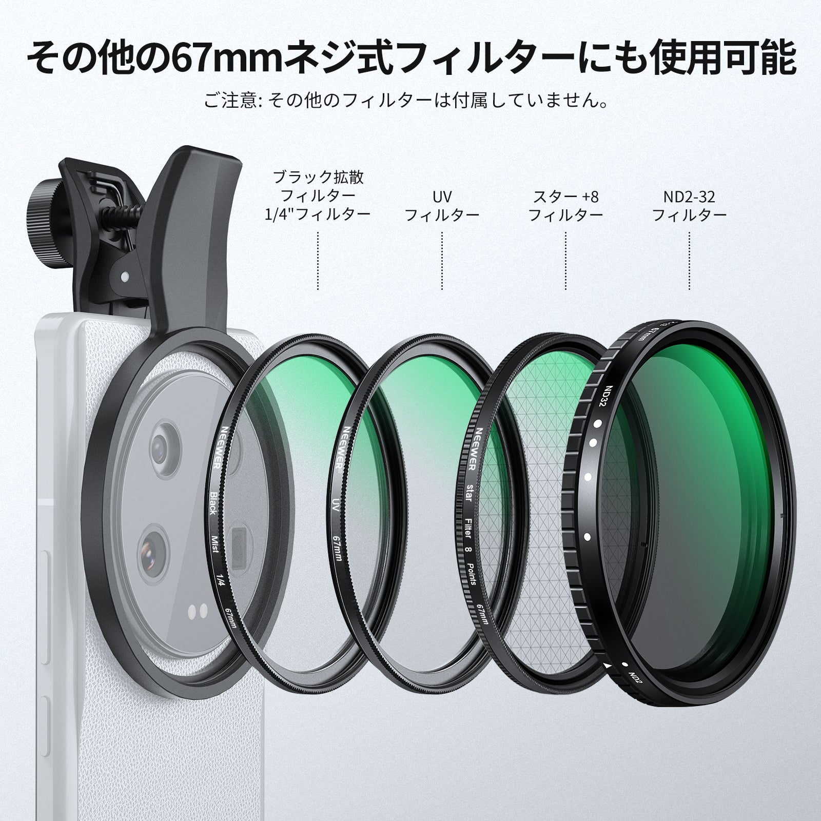 NEEWER FL-P11/FL-P12 7パック クリップオン 67mm NDフィルターセット