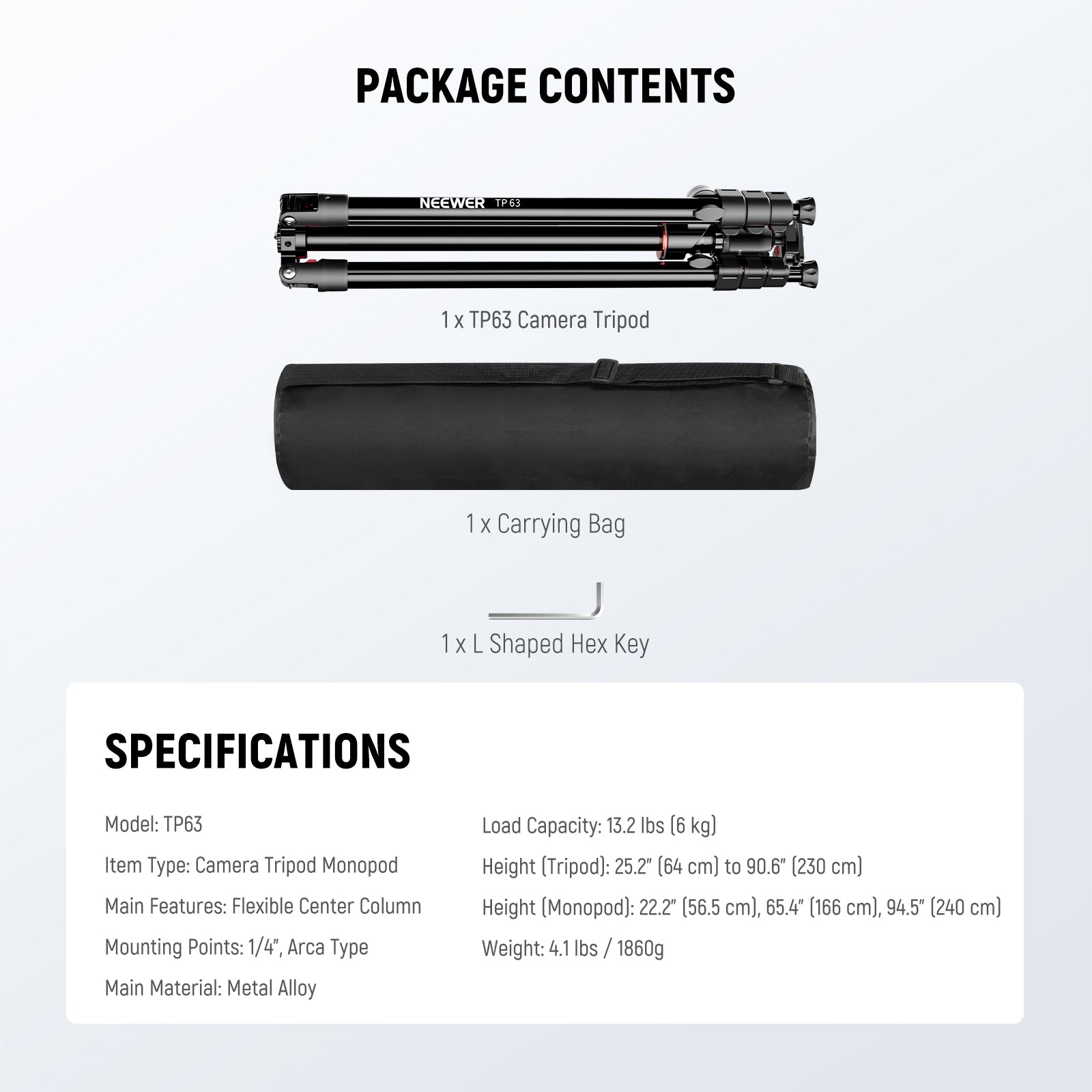 Package Contents of the NEEWER TP63 Overhead Horizontal Camera Tripod Kit